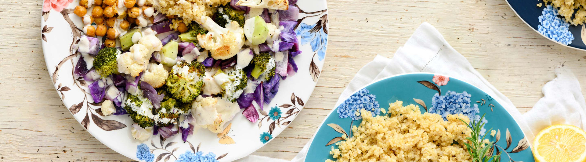 Roasted chickpea & veggie dinner served on Lenox Sprig & Vine Plates
