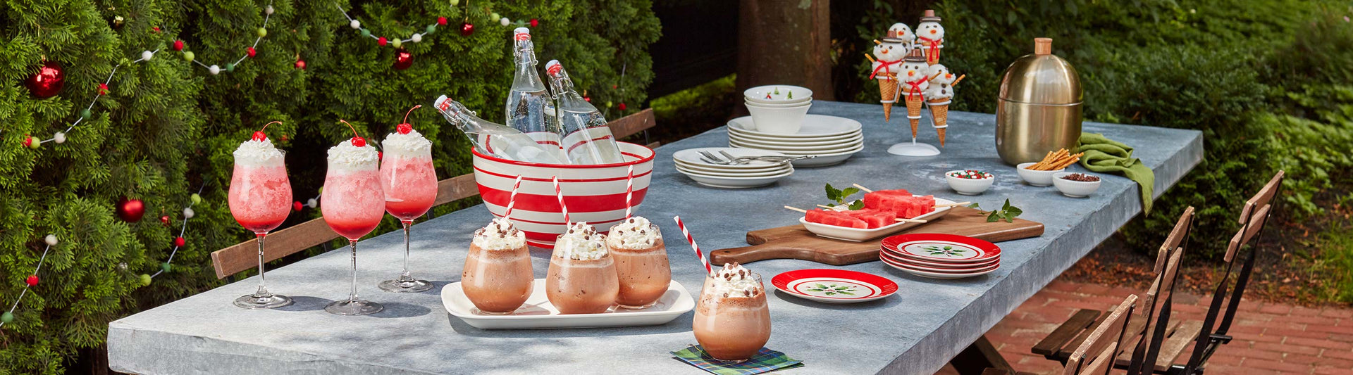 Outdoor table with frozen hot chocolate drinks and Lenox Holiday Dinnerware