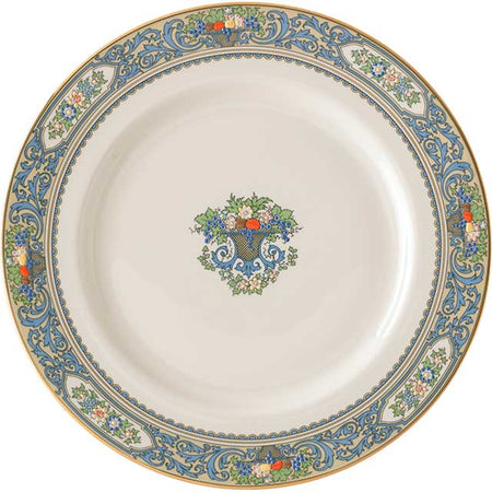 White decorative dinner plate with an ornate blue and gold floral border and central floral motif.