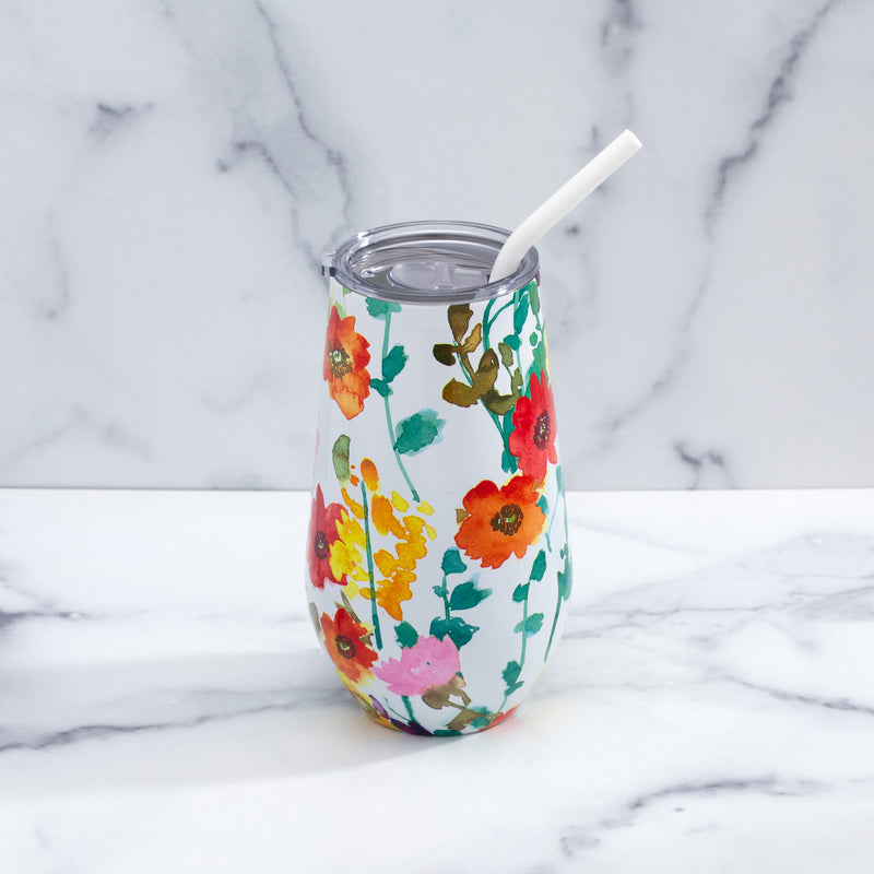 Floral Wine Tumbler With Straw, Set of 12