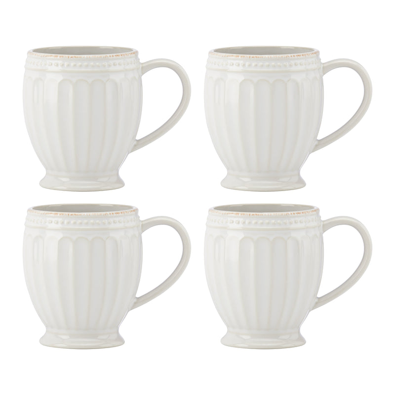 French Perle Groove White Mugs, Set of 4