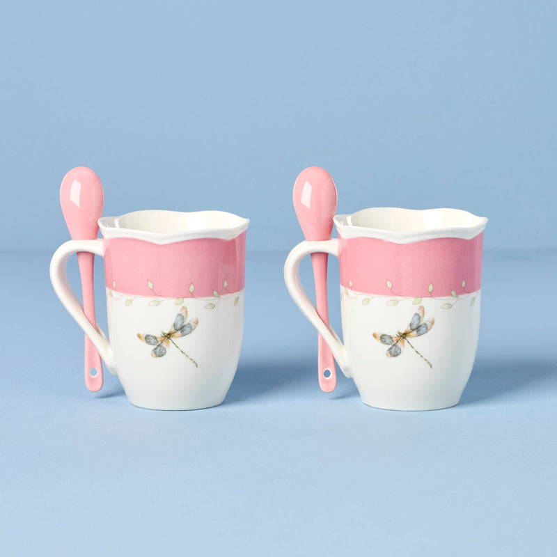 Butterfly Meadow Pink Mugs with Spoons, Set of 2