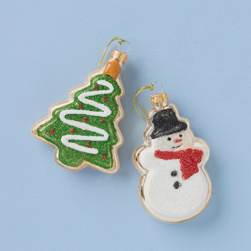 Retro Blown Glass Snowman & Tree Cookie Ornament Set