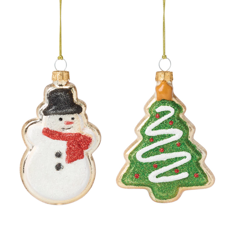 Retro Blown Glass Snowman & Tree Cookie Ornament Set